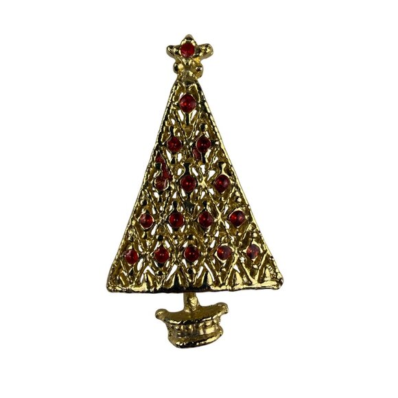 Vintage Gold Tone Christmas Tree Brooch Pin Red Rhinestone Accents Festive Desig - Picture 1 of 5